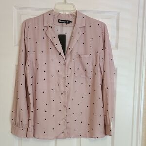 Allegra K Women's Blush Button Down Shirt with Black Hearts